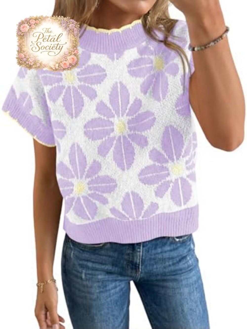 Womens Floral Knit Sweater Short Sleeve Crew Neck Loose Summer Pullover